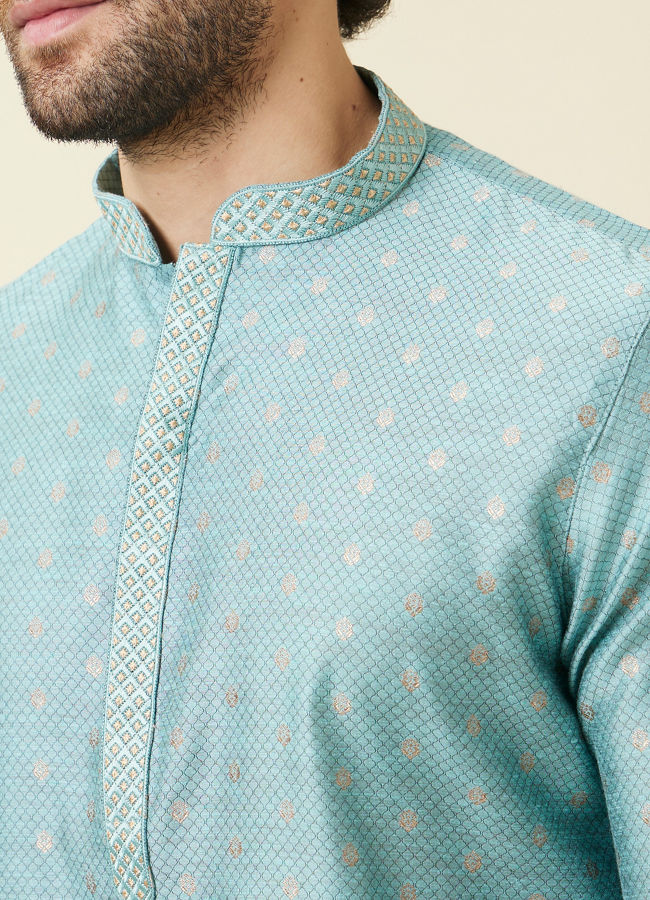 Manyavar Men Aqua Blue Buta Patterned Kurta Set