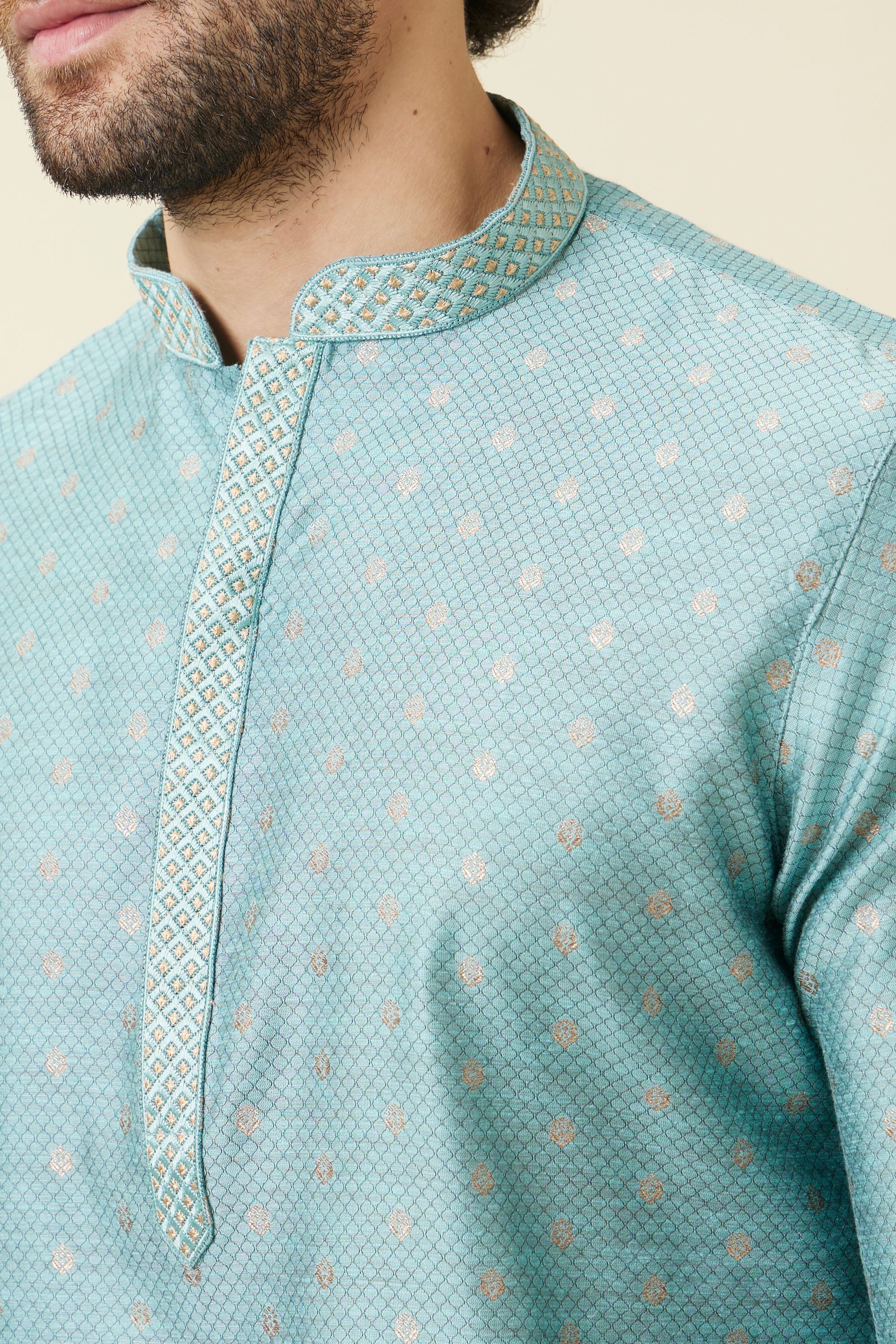 Manyavar Men Aqua Blue Buta Patterned Kurta Set