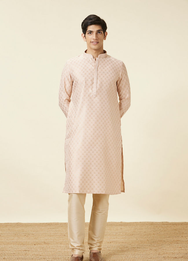 Manyavar Men Cream Pink Ogee Patterned Kurta Set