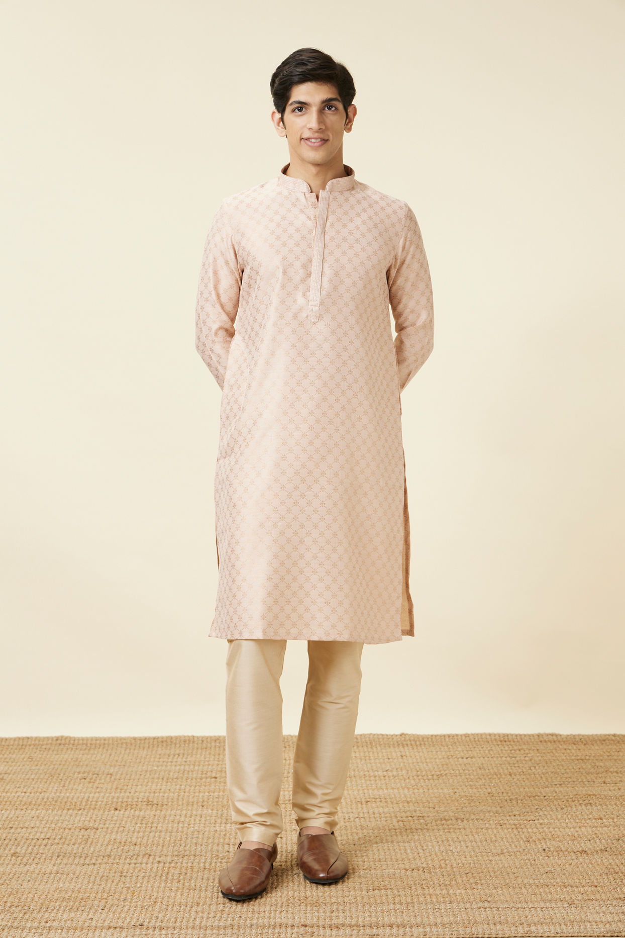 Manyavar Men Cream Pink Ogee Patterned Kurta Set