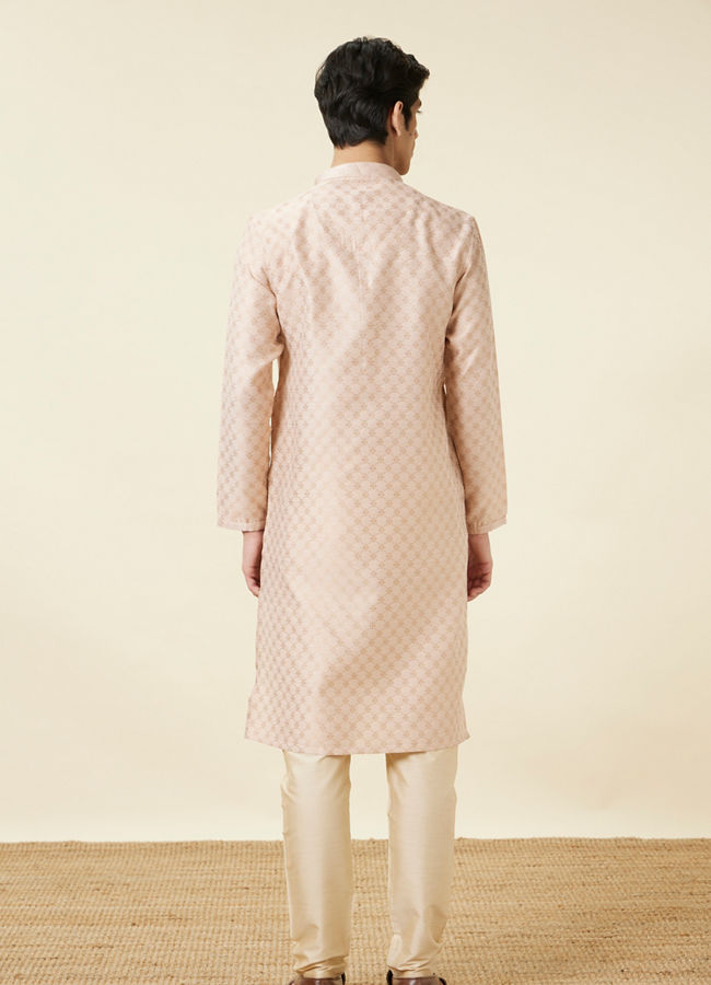 Manyavar Men Cream Pink Ogee Patterned Kurta Set