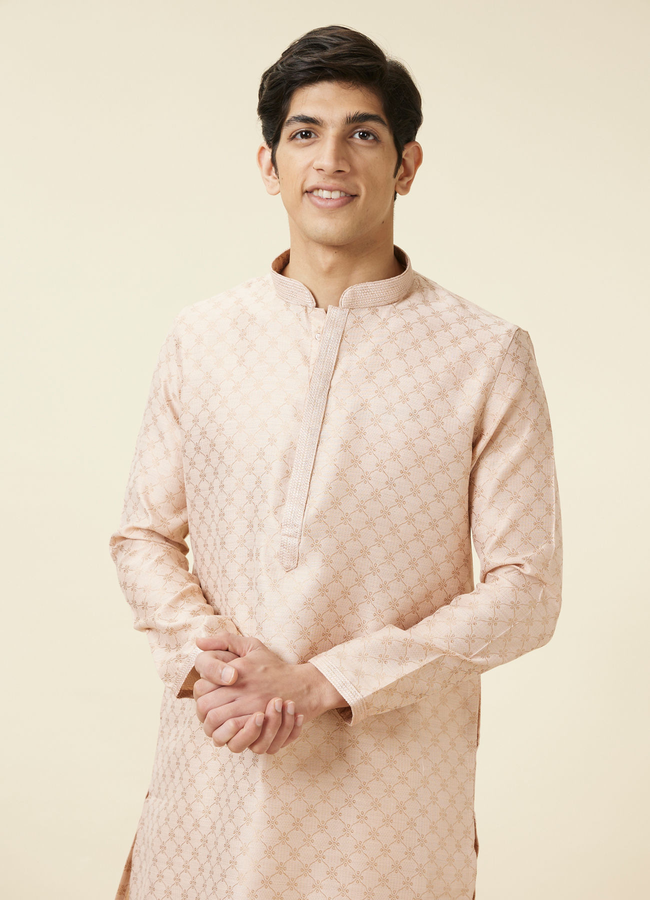 Manyavar Men Cream Pink Ogee Patterned Kurta Set