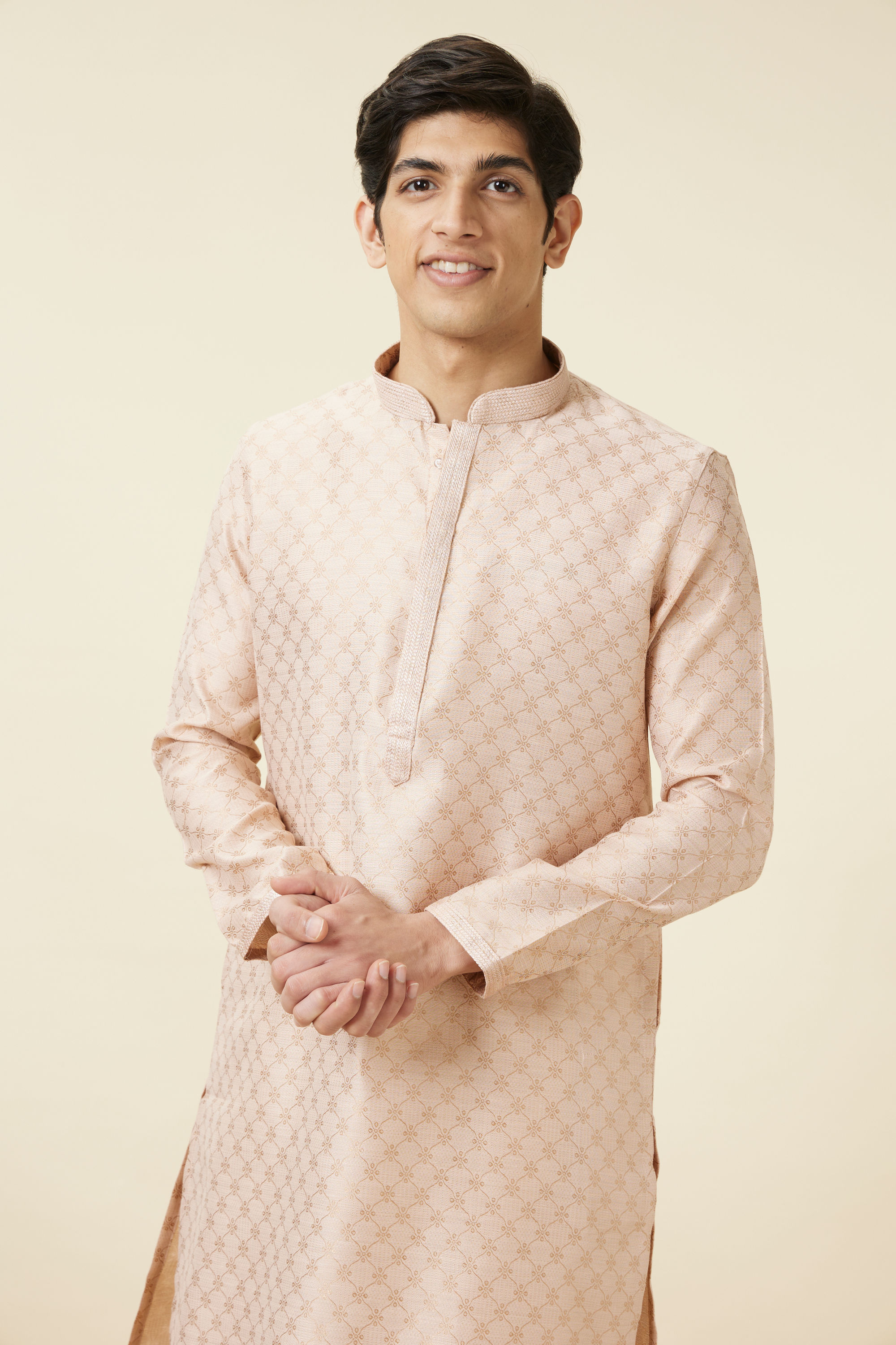 Manyavar Men Cream Pink Ogee Patterned Kurta Set