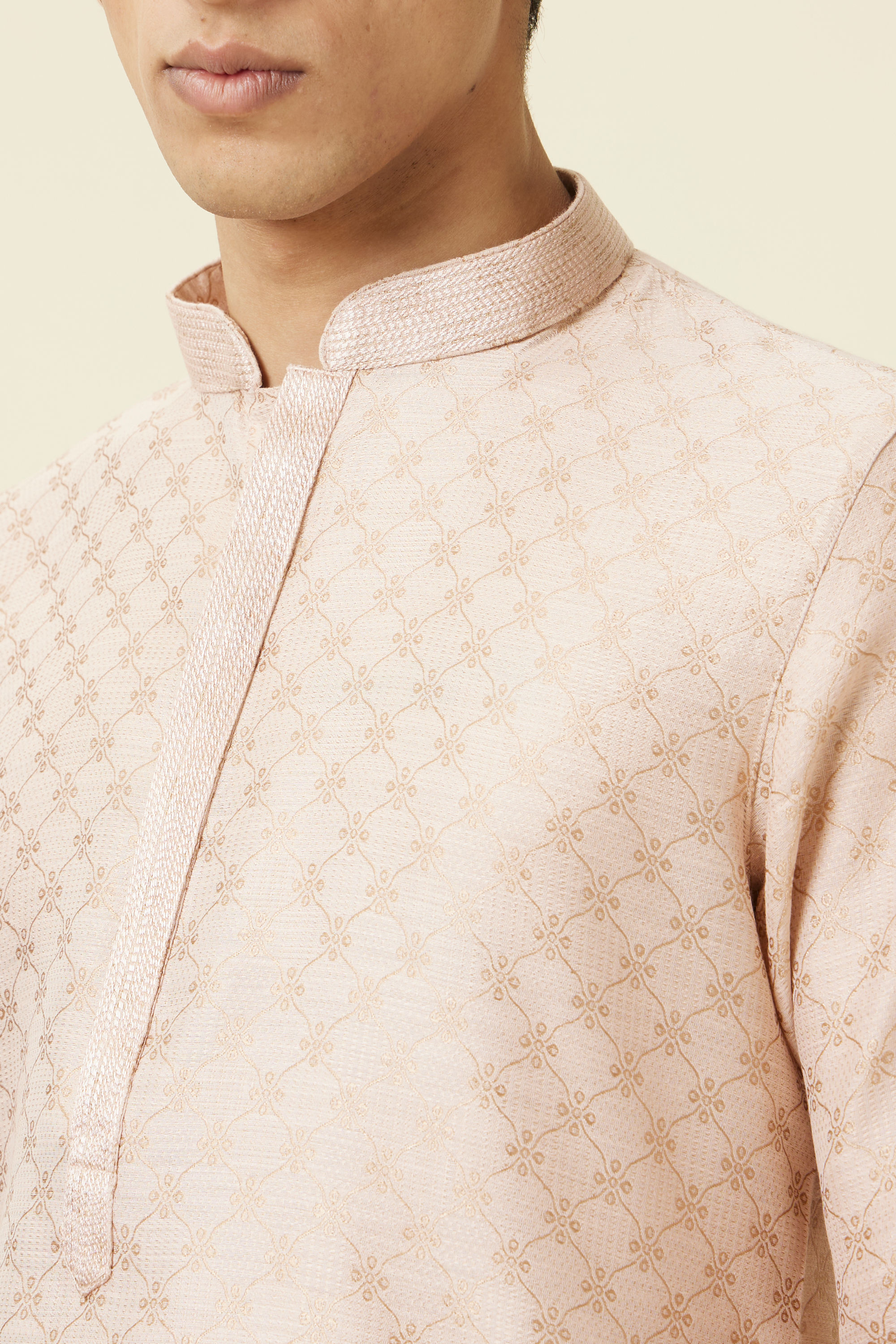 Manyavar Men Cream Pink Ogee Patterned Kurta Set