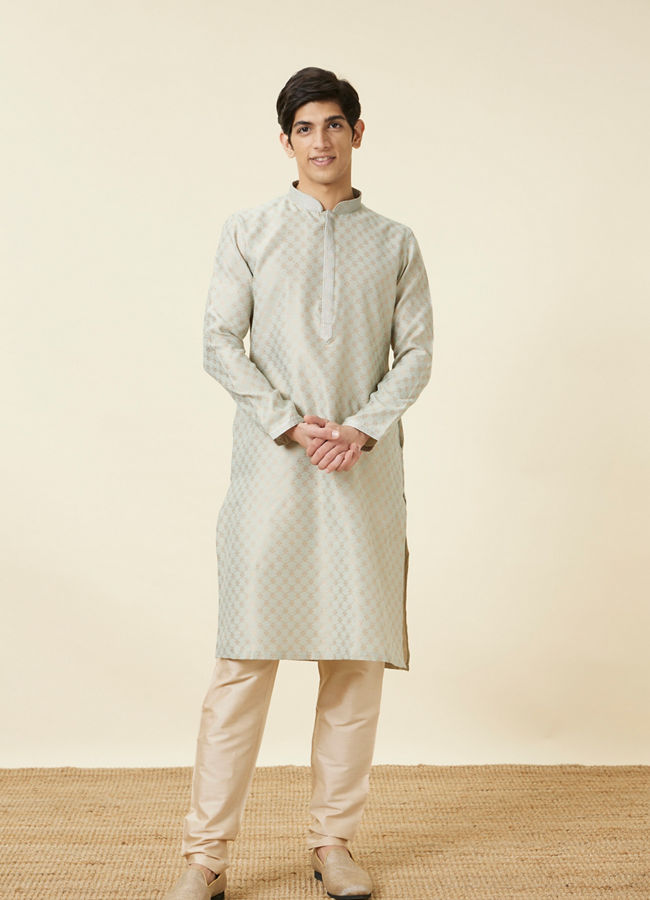 Manyavar Men Pista Green Ogee Patterned Kurta Set