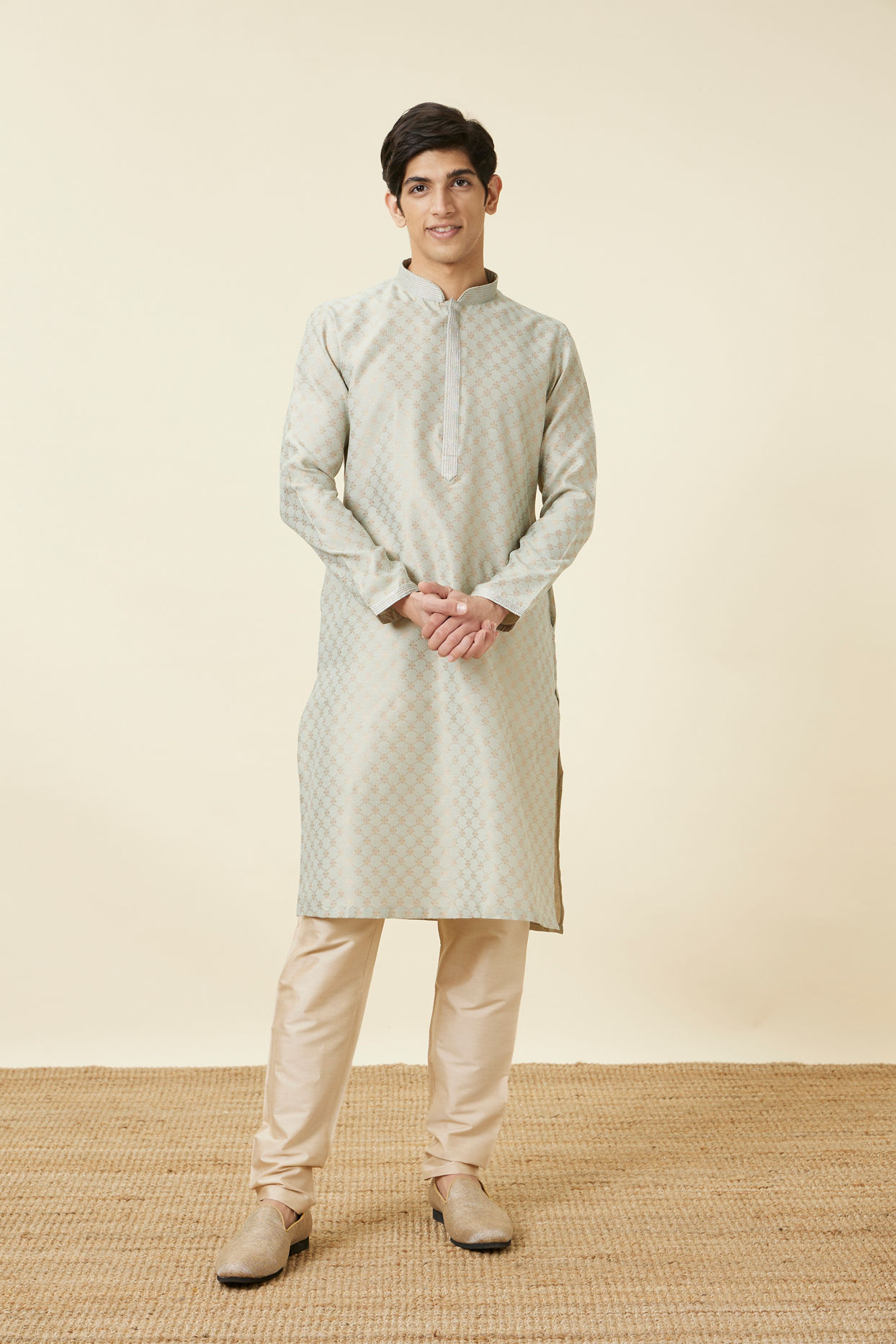 Manyavar Men Pista Green Ogee Patterned Kurta Set