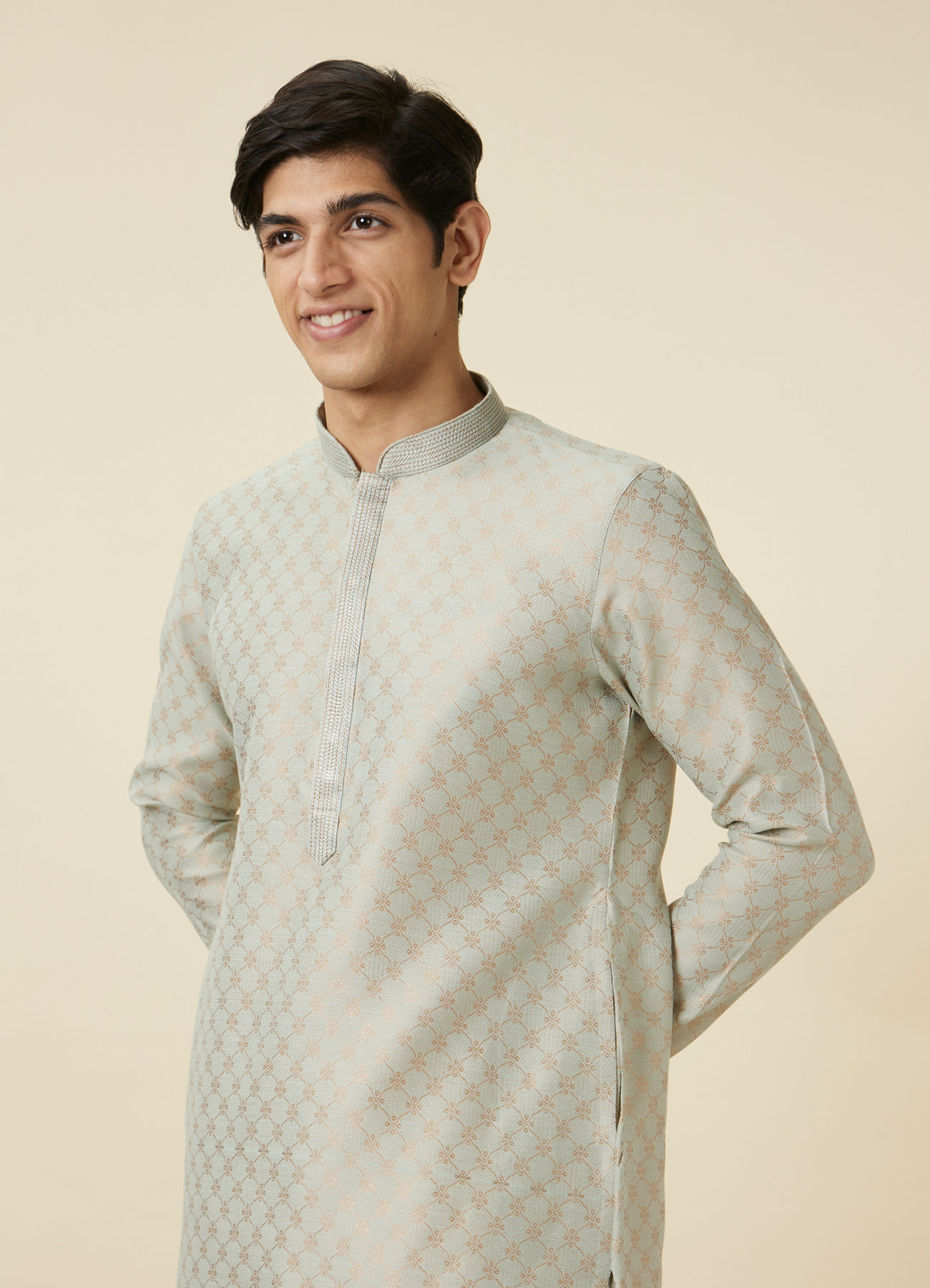 Manyavar Men Pista Green Ogee Patterned Kurta Set