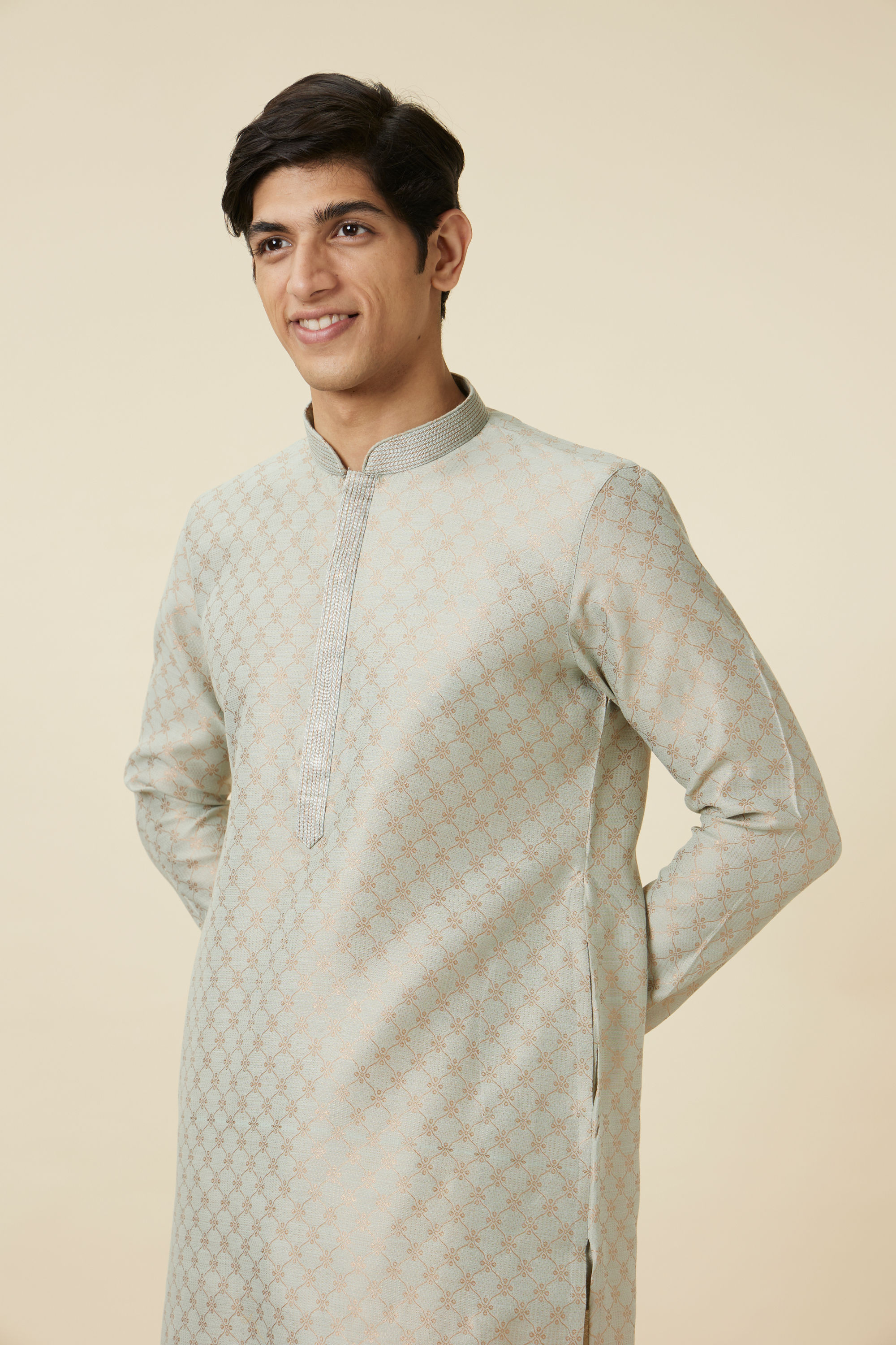 Manyavar Men Pista Green Ogee Patterned Kurta Set