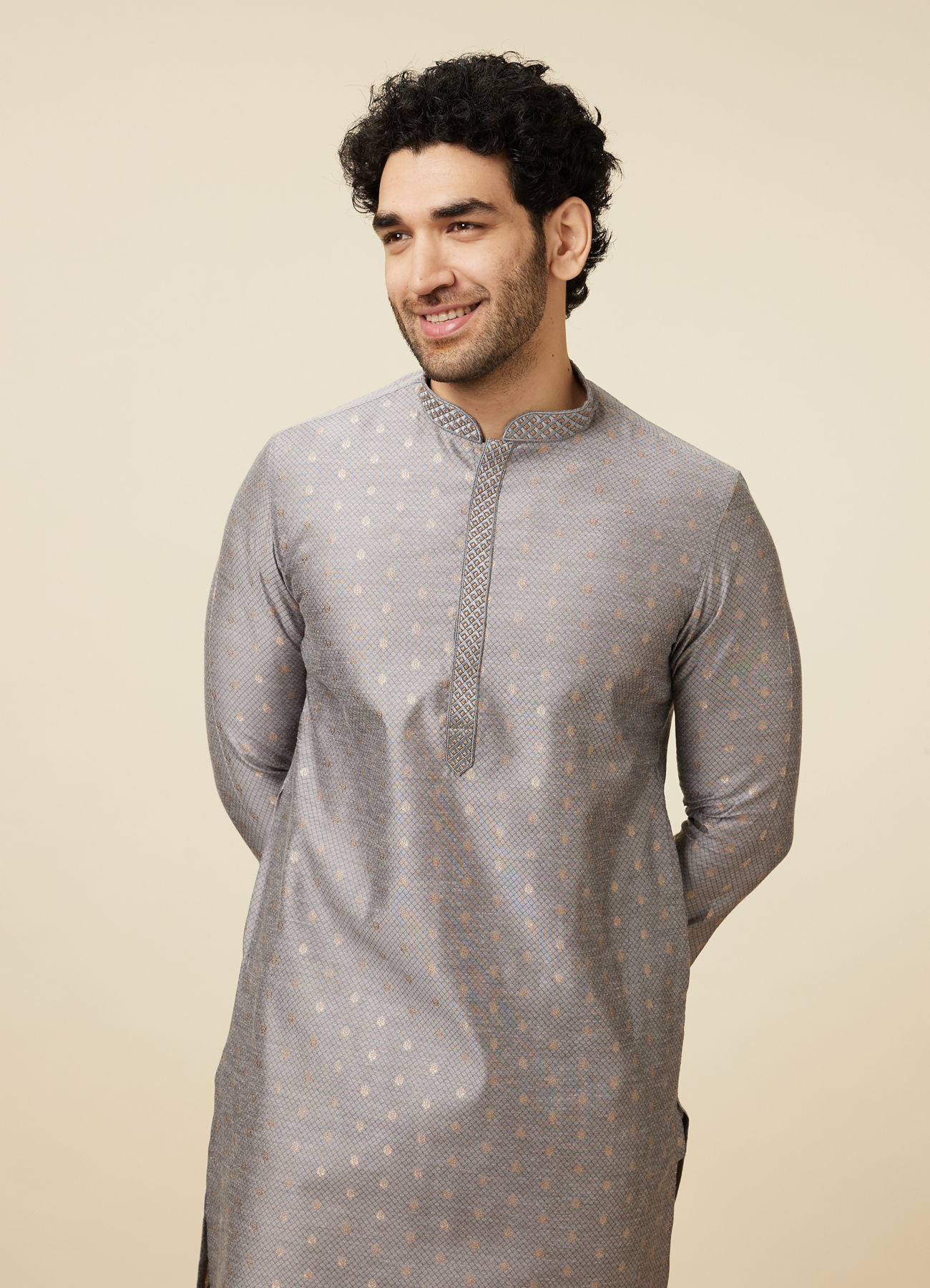 Manyavar Men Glacier Grey Buta Patterned Kurta Set