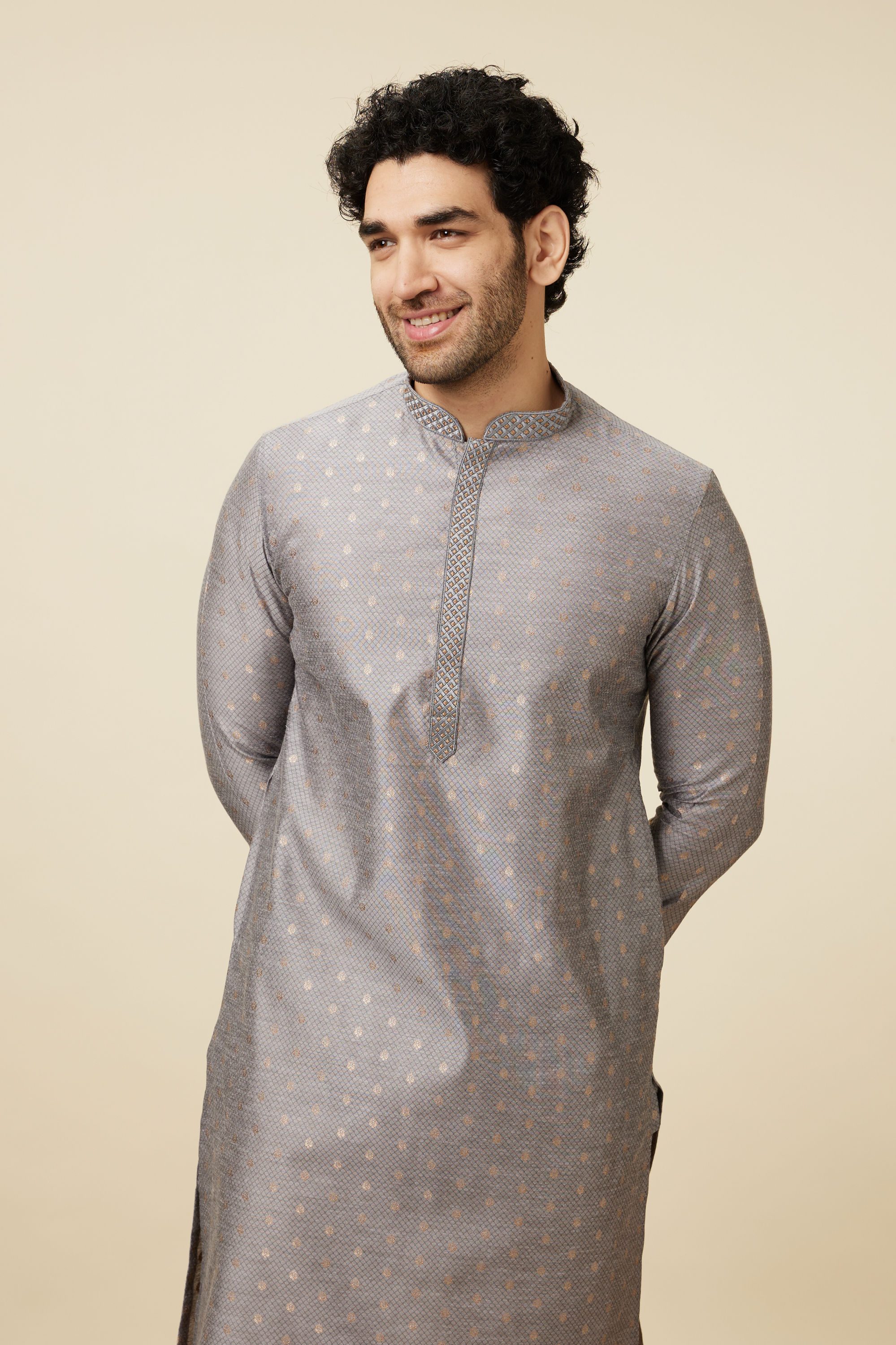 Manyavar Men Glacier Grey Buta Patterned Kurta Set