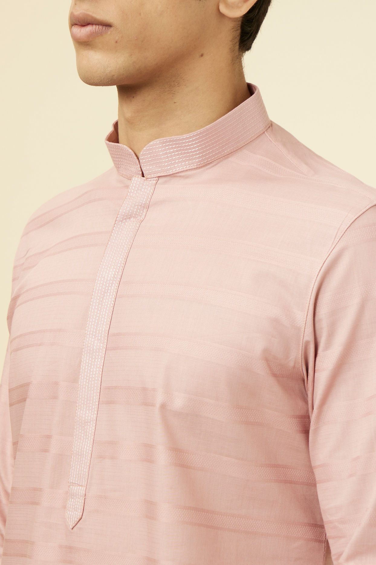 alt message - Manyavar Men Rosewater Pink Horizontal Striped Kurta Set image number 1