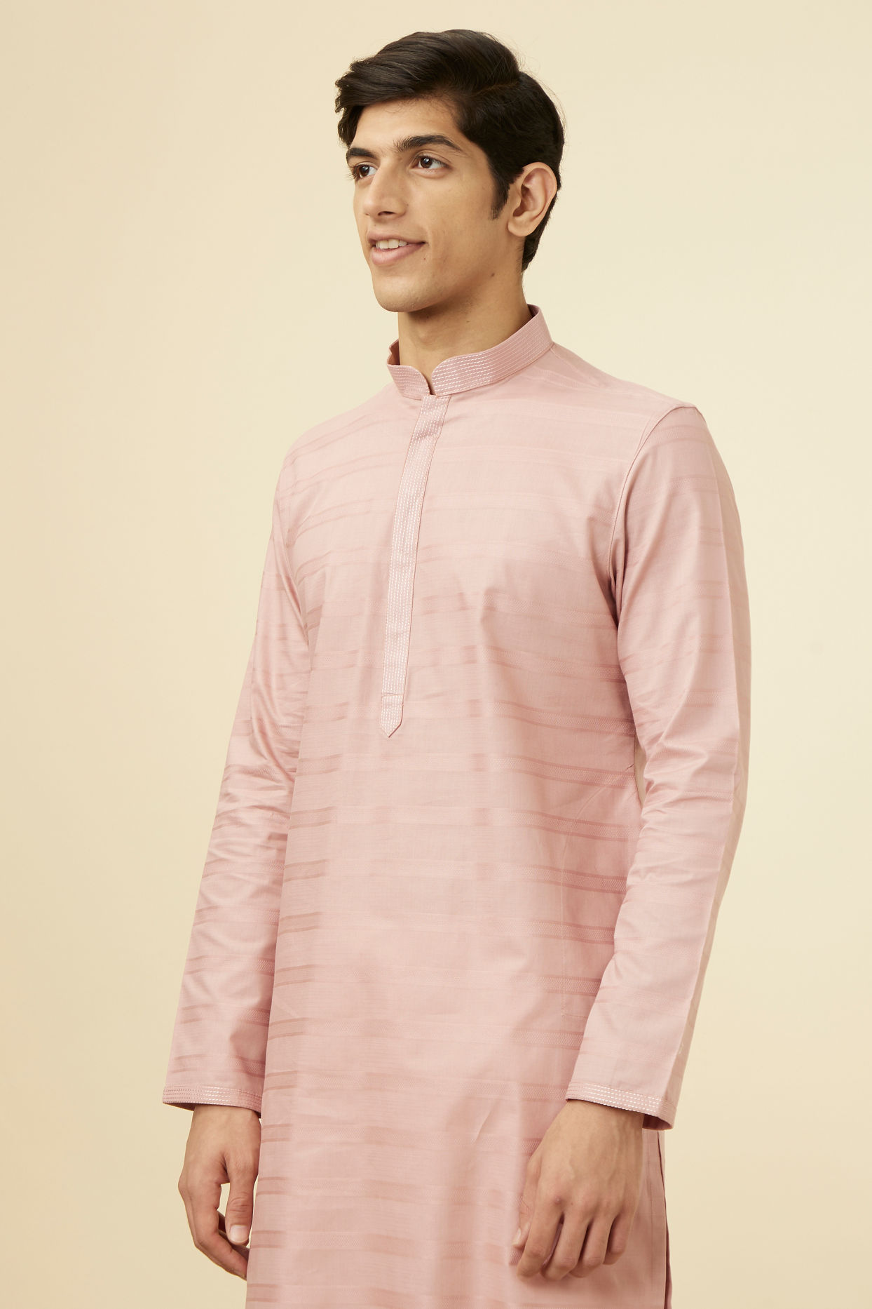 alt message - Manyavar Men Rosewater Pink Horizontal Striped Kurta Set image number 0