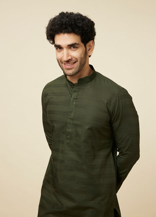 alt message - Manyavar Men Kale Green Self Embroidered Kurta Set image number 0