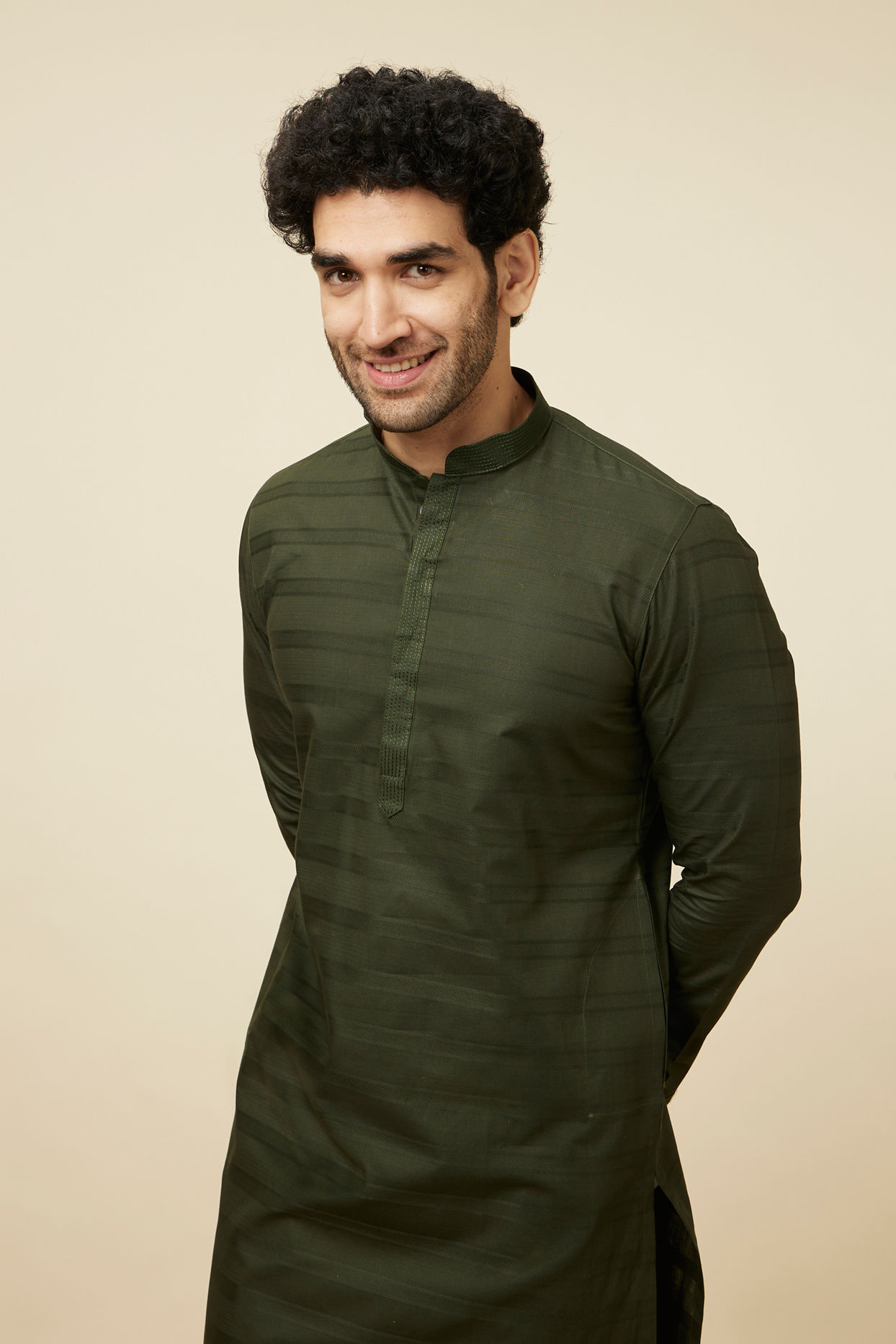 alt message - Manyavar Men Kale Green Self Embroidered Kurta Set image number 0