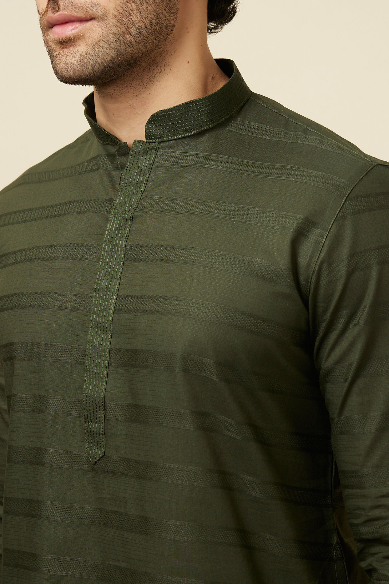 alt message - Manyavar Men Kale Green Self Embroidered Kurta Set image number 1