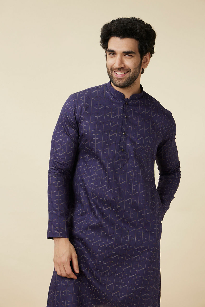 Manyavar Men Deep Blue Linear Patterned Casual Kurta