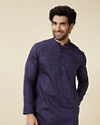 alt message - Manyavar Men Deep Blue Linear Patterned Casual Kurta image number 0