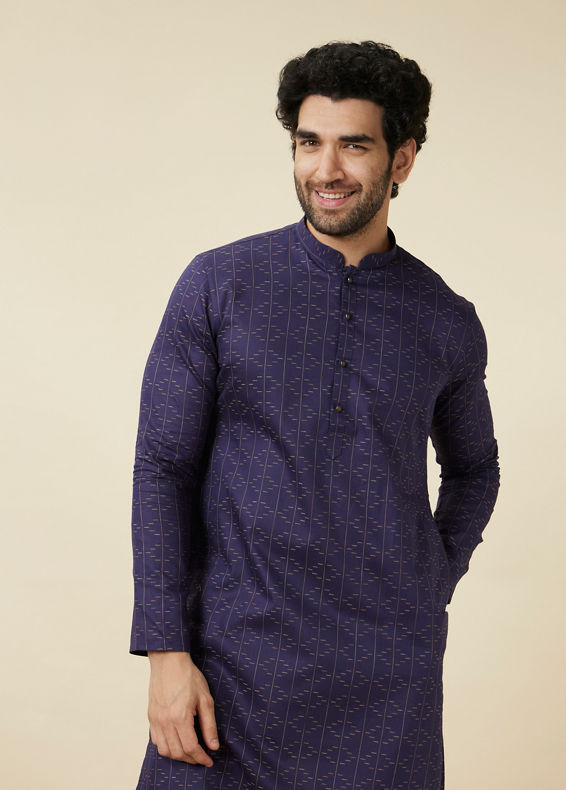 Manyavar Men Deep Blue Linear Patterned Casual Kurta