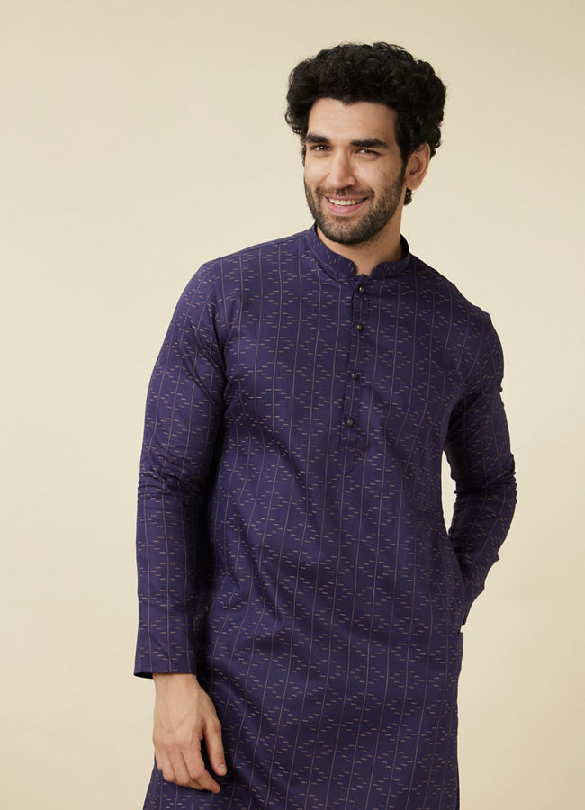 Manyavar Men Deep Blue Linear Patterned Casual Kurta