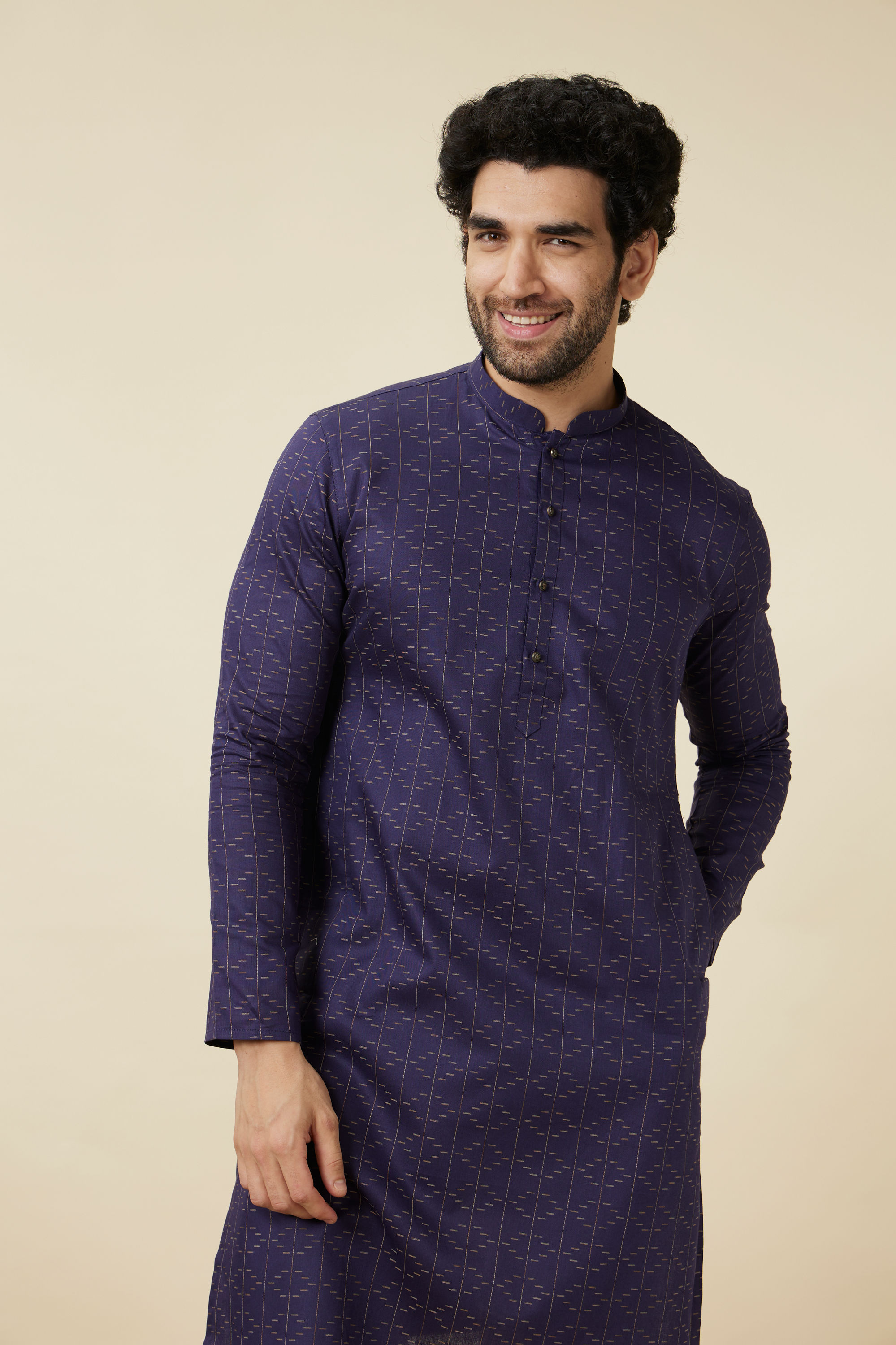 Manyavar Men Deep Blue Linear Patterned Casual Kurta