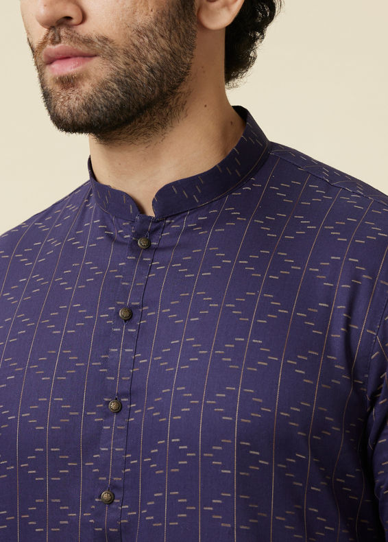 Manyavar Men Deep Blue Linear Patterned Casual Kurta