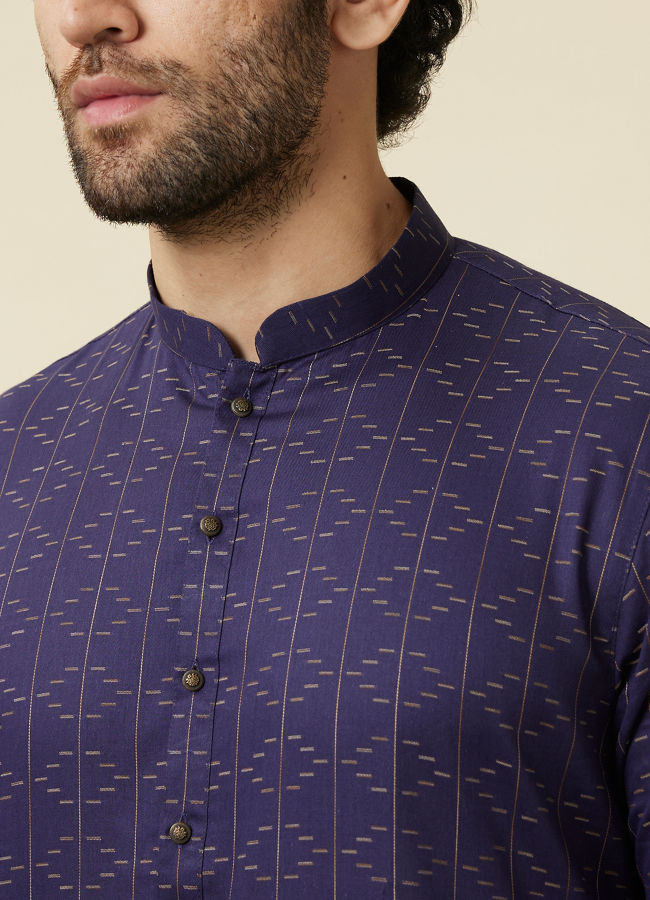 Manyavar Men Deep Blue Linear Patterned Casual Kurta