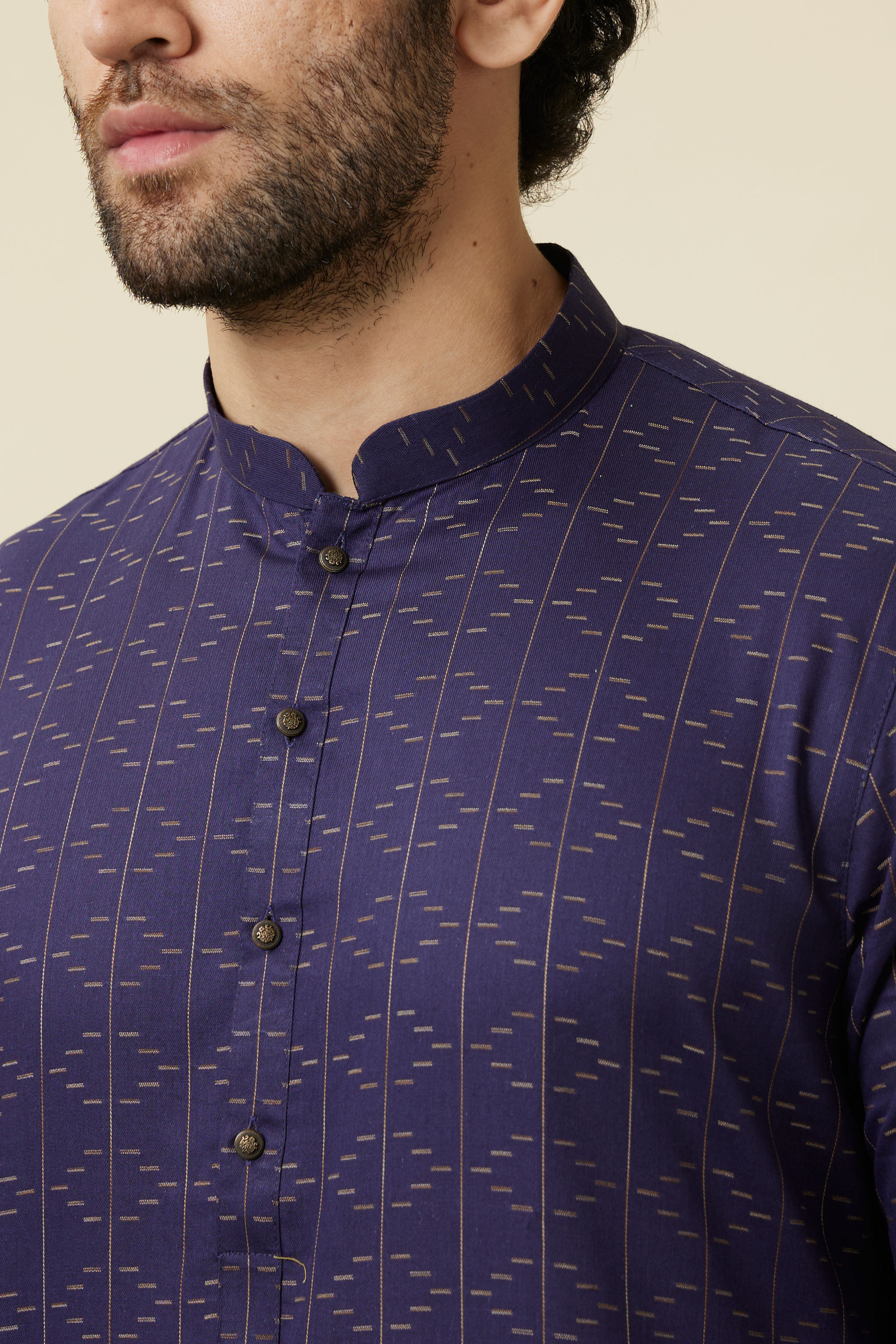 Manyavar Men Deep Blue Linear Patterned Casual Kurta