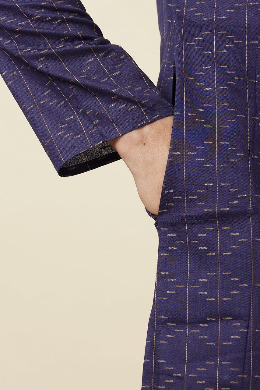 Manyavar Men Deep Blue Linear Patterned Casual Kurta