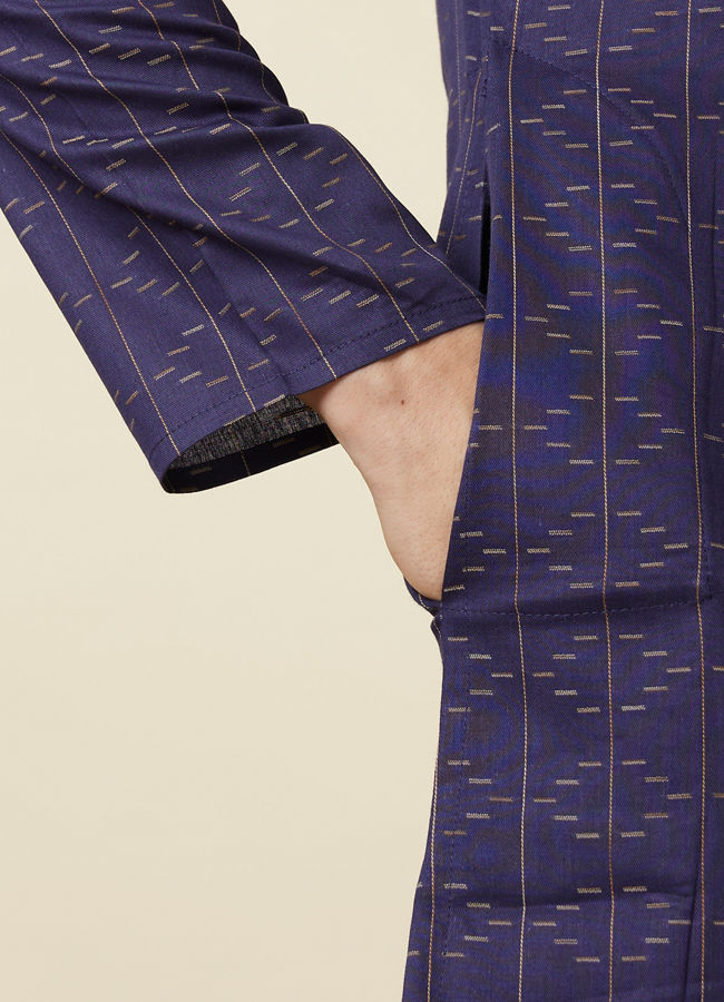 Manyavar Men Deep Blue Linear Patterned Casual Kurta