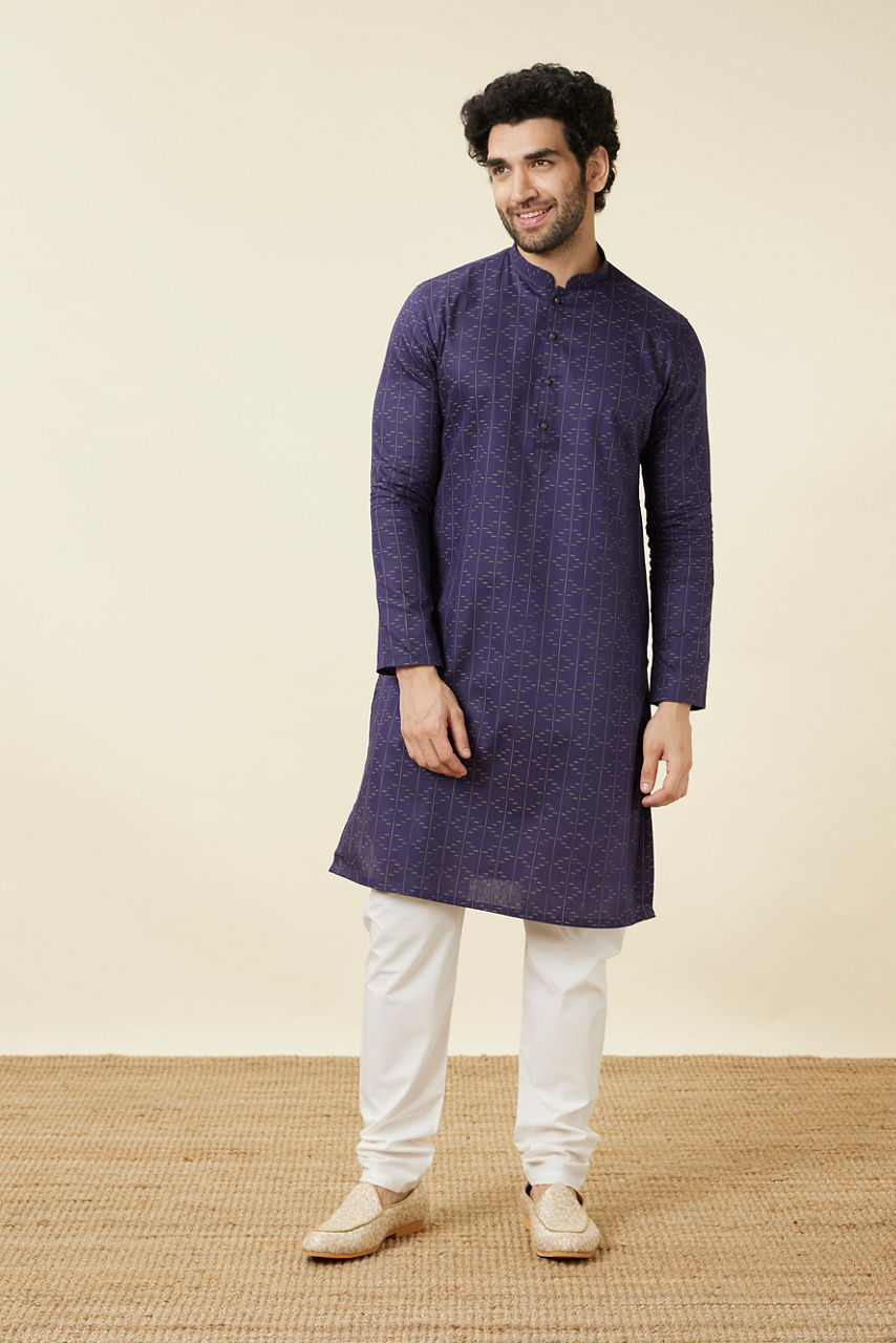 Manyavar Men Deep Blue Linear Patterned Casual Kurta