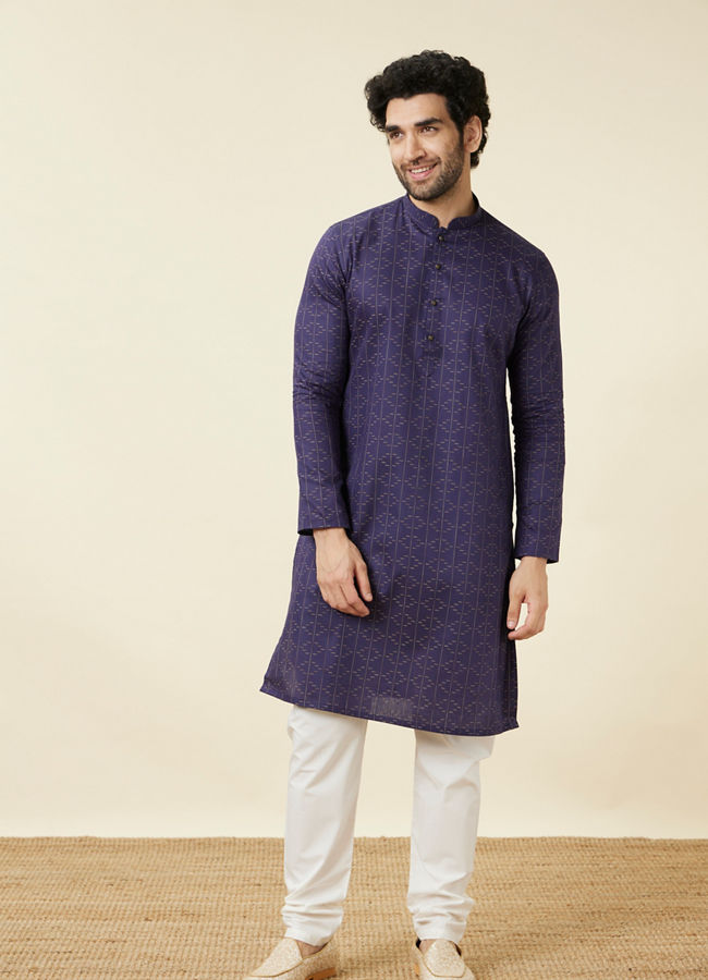 Manyavar Men Deep Blue Linear Patterned Casual Kurta