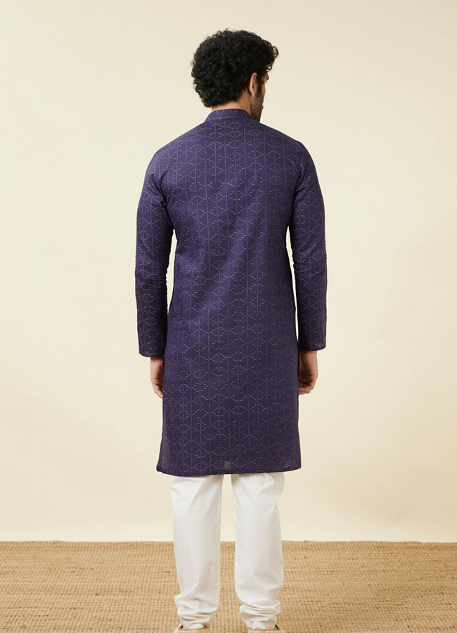 Manyavar Men Deep Blue Linear Patterned Casual Kurta