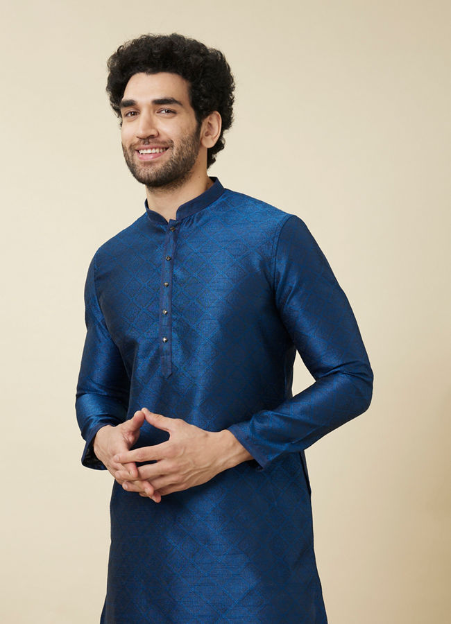 Blue Jacquard Patterned Kurta Set image number 0