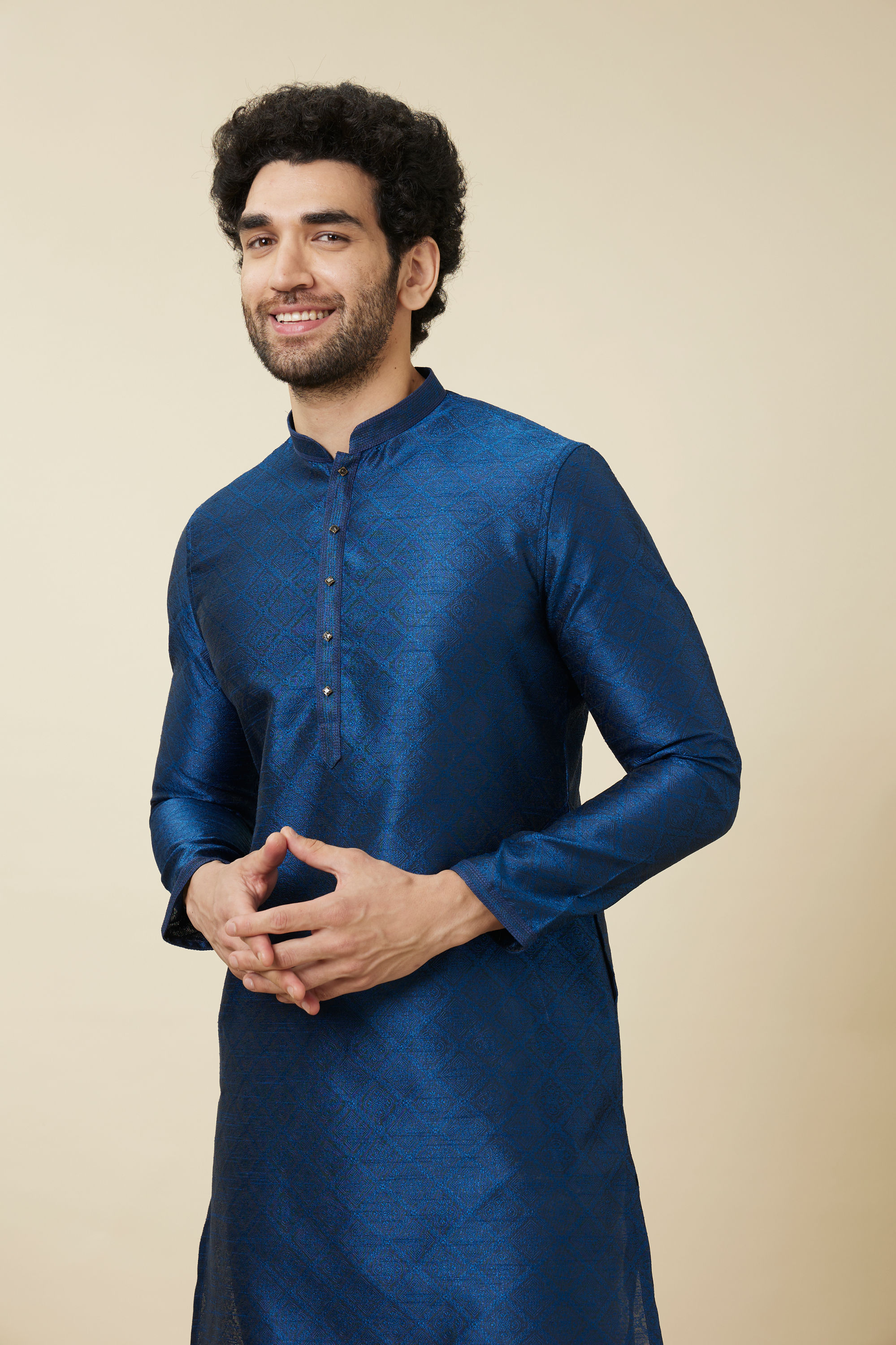 Manyavar Men Ultramarine Blue Multi Patterned Kurta Set