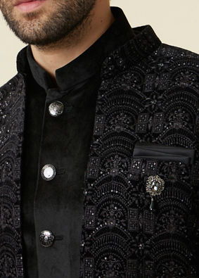 alt message - Manyavar Men Kohl Black Self Patterned Indo Western Jacket image number 1