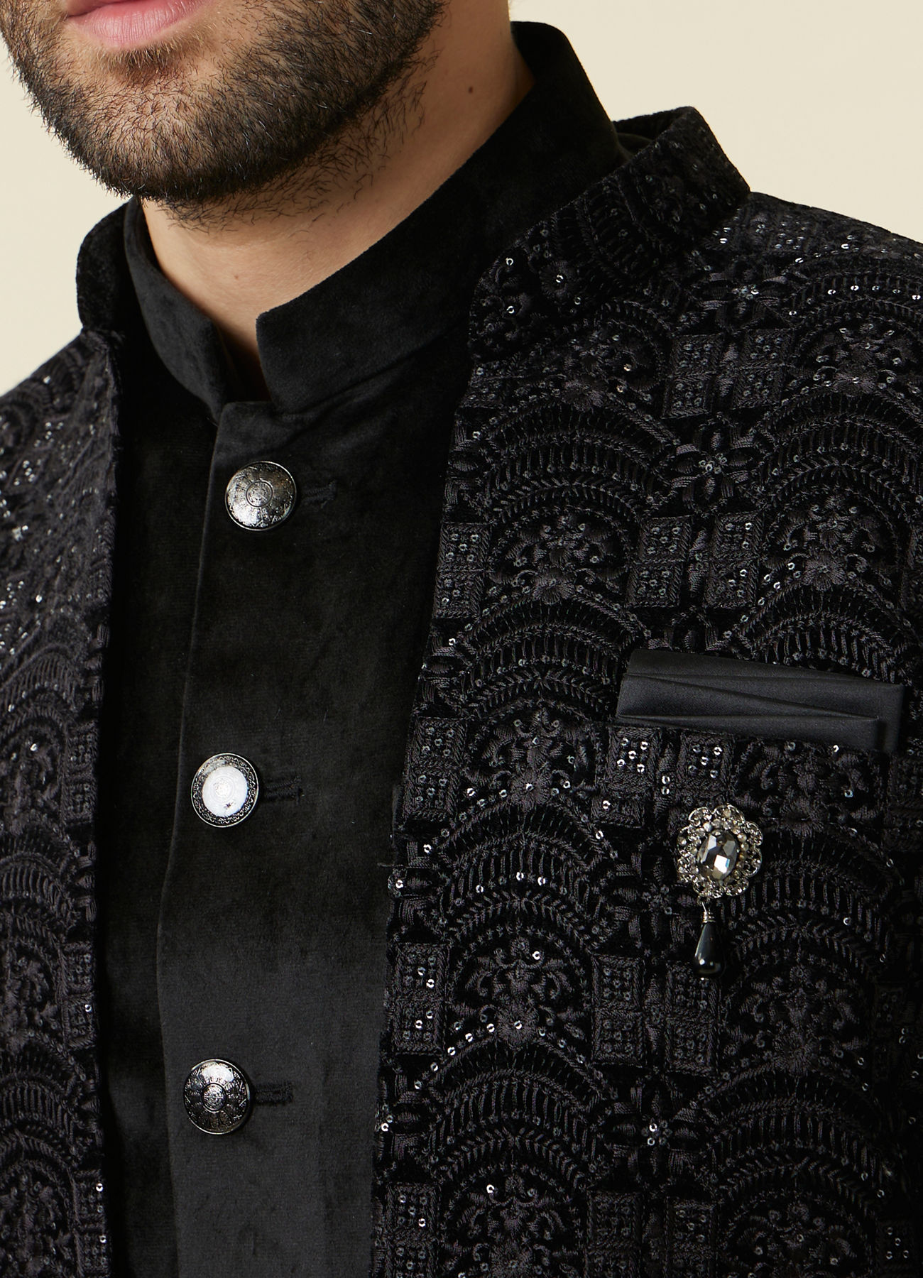 Manyavar Men Kohl Black Self Patterned Indo Western Jacket