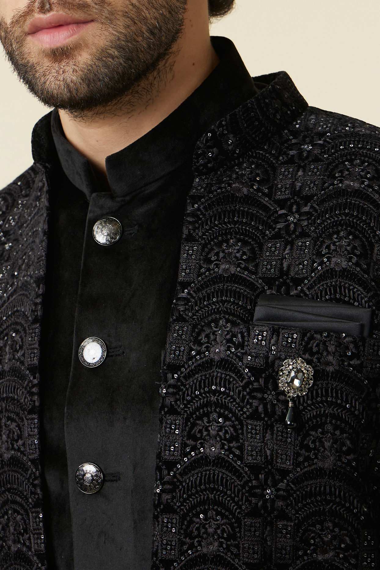 alt message - Manyavar Men Kohl Black Self Patterned Indo Western Jacket image number 1