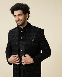 Manyavar Men Kohl Black Self Patterned Indo Western Jacket