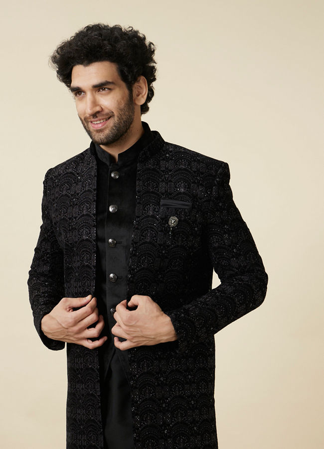 alt message - Manyavar Men Kohl Black Self Patterned Indo Western Jacket image number 0