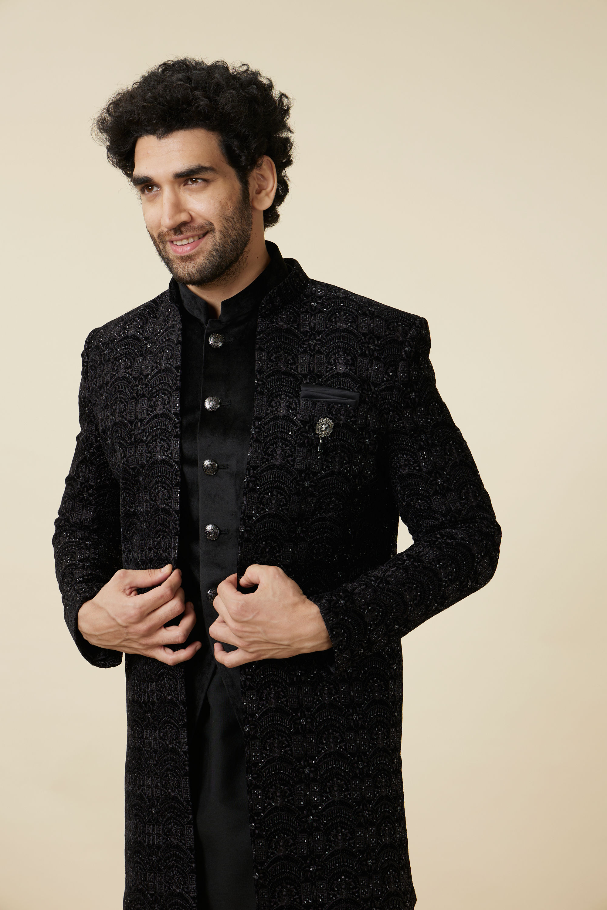 Manyavar Men Kohl Black Self Patterned Indo Western Jacket