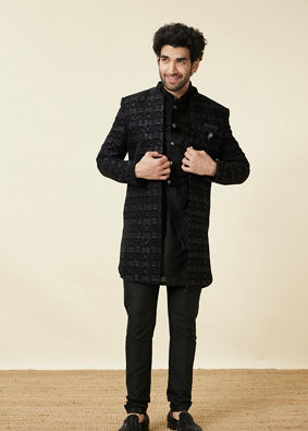 alt message - Manyavar Men Kohl Black Self Patterned Indo Western Jacket image number 3