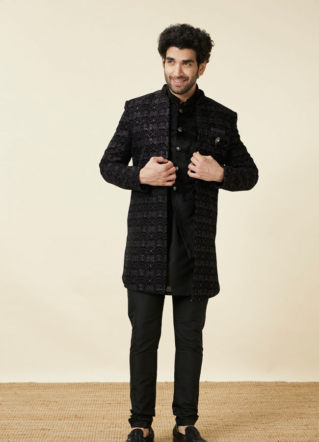 Buy Kohl Black Self Patterned Indo Western Jacket Online in India Manyavar Indo Western for Men