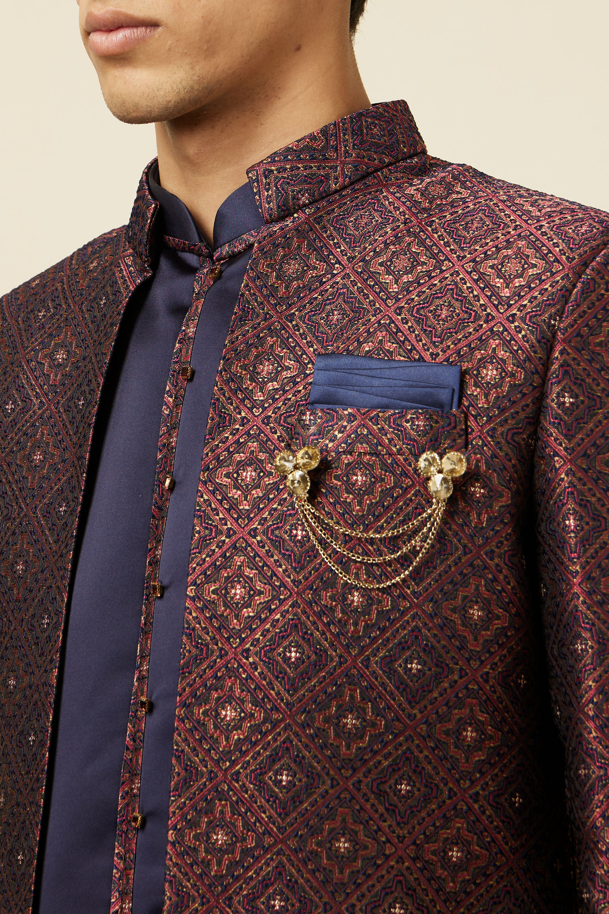 Manyavar Men Windsor Wine Diamond Patterned Indo Western Set