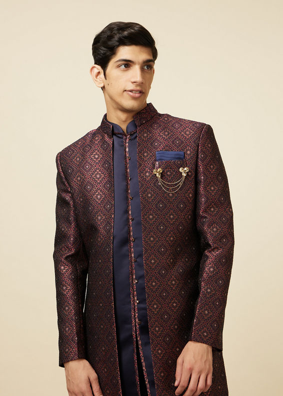 Manyavar Men Windsor Wine Diamond Patterned Indo Western Set
