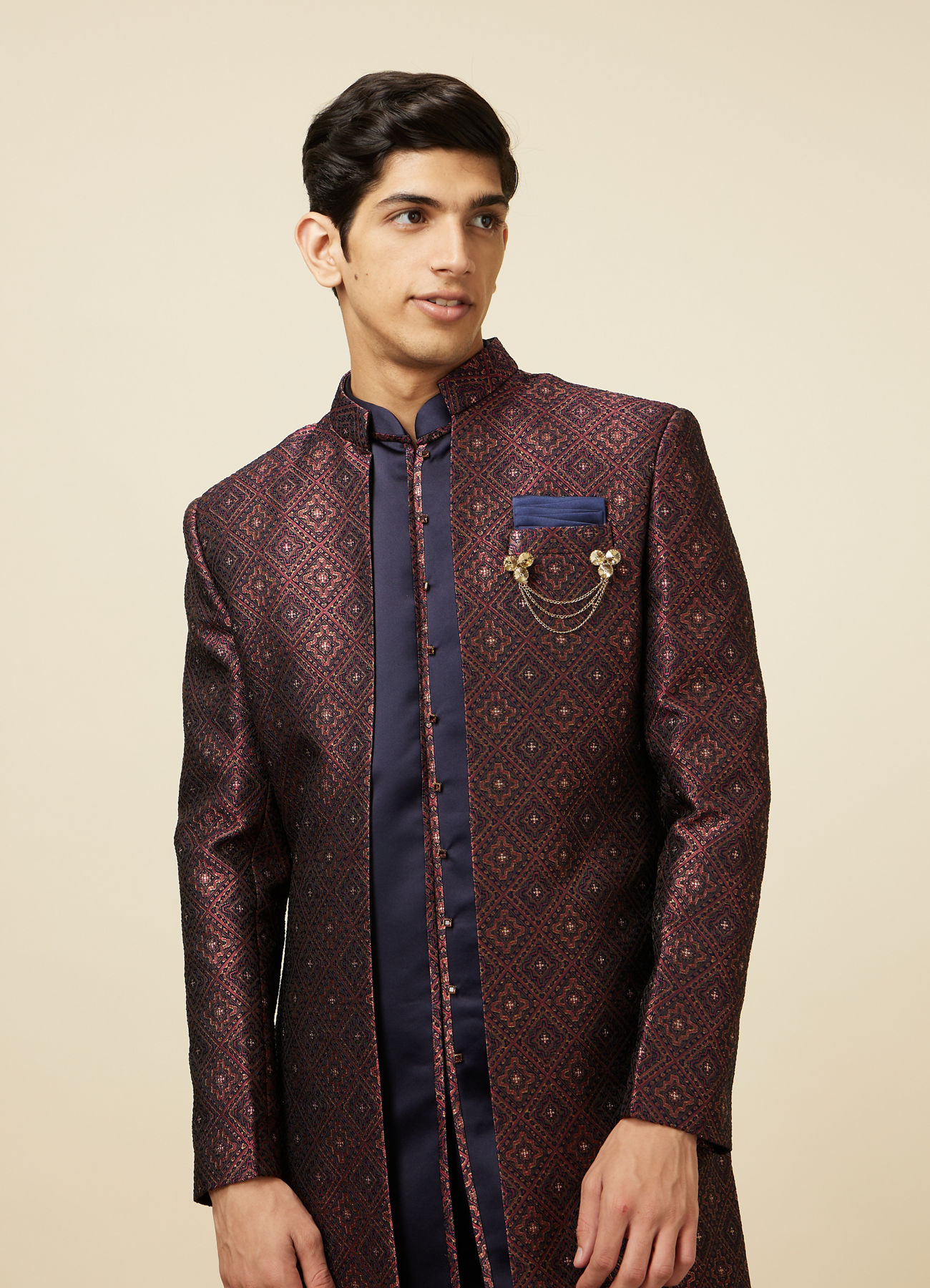 Manyavar Men Windsor Wine Diamond Patterned Indo Western Set
