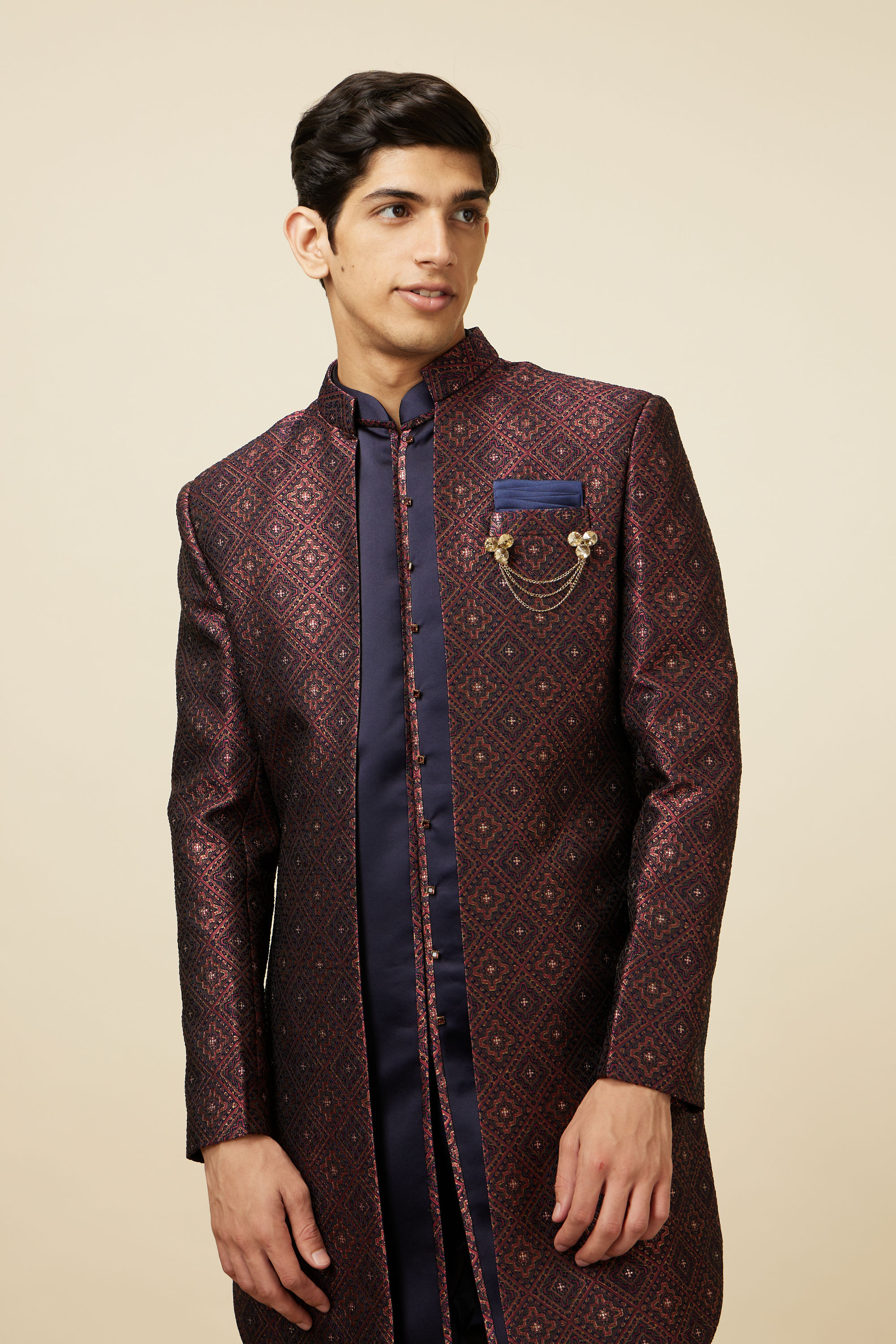 Manyavar Men Windsor Wine Diamond Patterned Indo Western Set