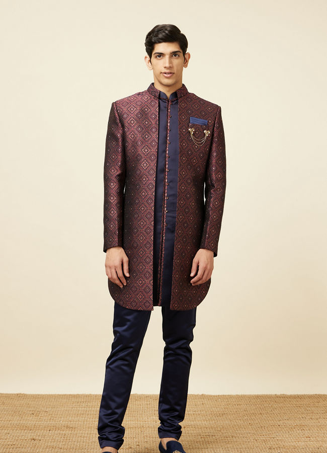 Manyavar Men Windsor Wine Diamond Patterned Indo Western Set