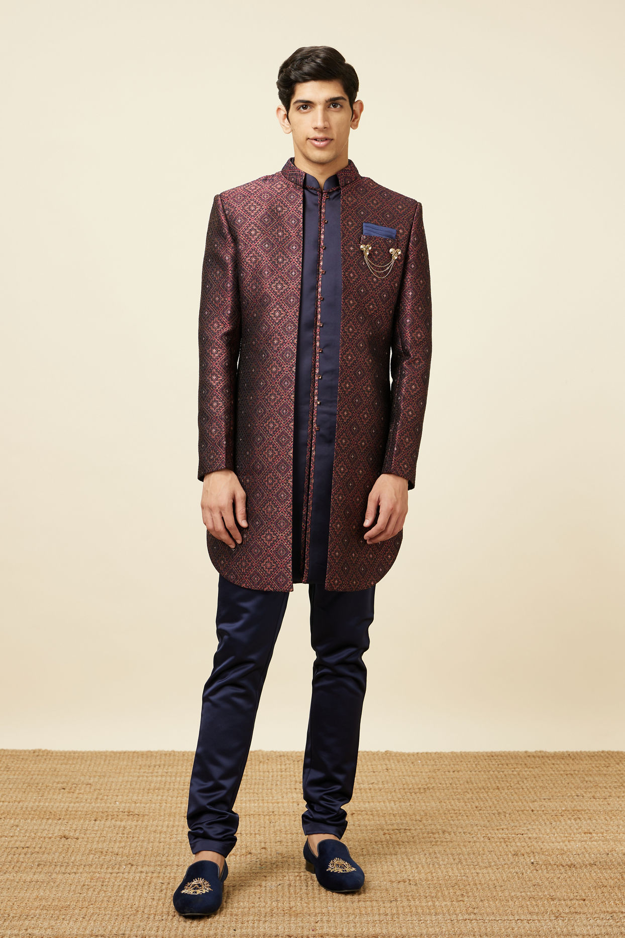 Manyavar Men Windsor Wine Diamond Patterned Indo Western Set