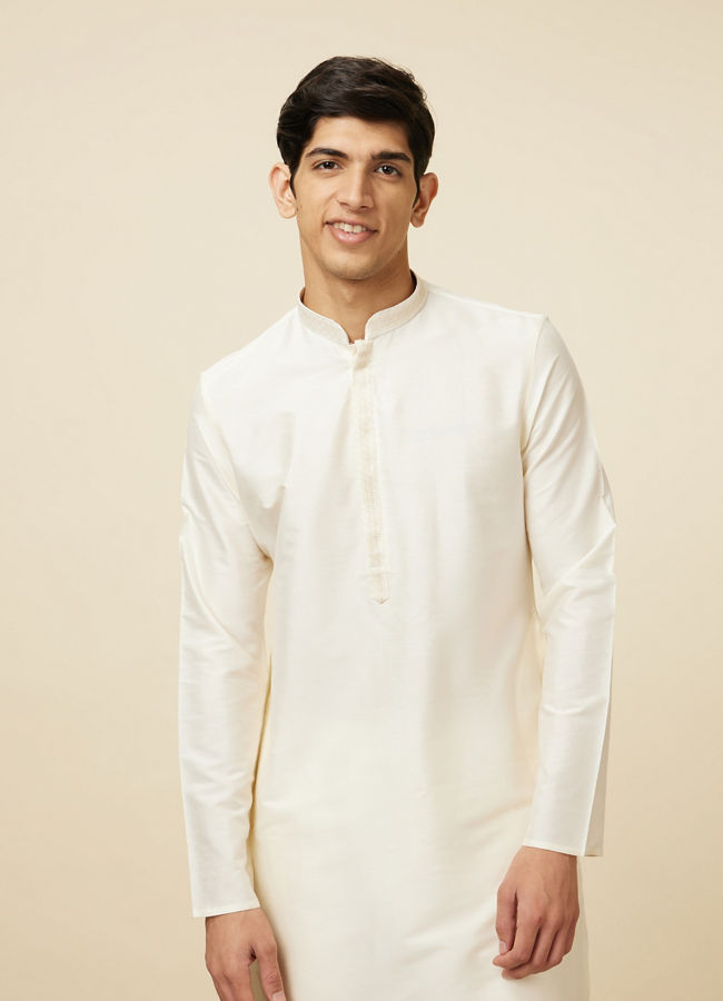 alt message - Manyavar Men Pristine White Embroidered Bandhgala Kurta Set image number 0