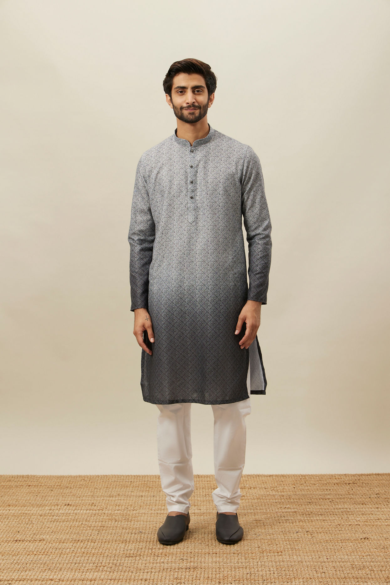 Manyavar Men Cloud Grey Moroccan Inspired Print Kurta